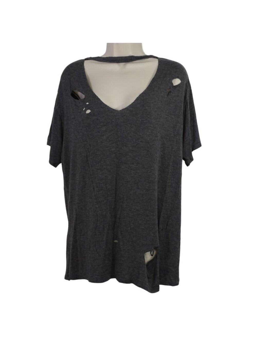 Hippie Chic Gray V-Neck Distressed Ripped T-Shirt Top Women Size L Short Sleeve